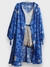 kimono longo , com aberturas laterais , estampa em fundo com tons azuis do céu e frisos dourados bem fininhos , tem leve brilho