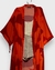 kimono longo manga 3/4 estampa sol se pondo em tons de laranja e vermelho