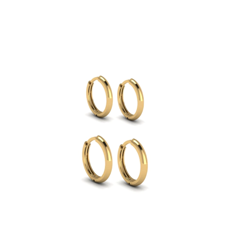 Kit Dois Pares de Brincos Argola Redonda de Ouro Amarelo 12 mm e 14 mm