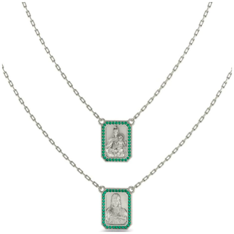 Escapulário Ouro Branco 18mm e Esmeraldas