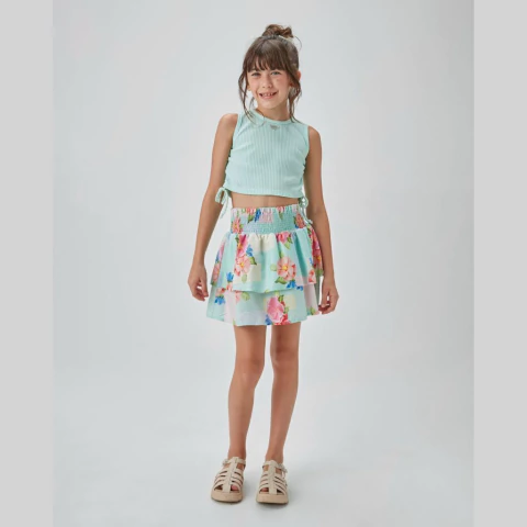 Conjunto Infantil Saia Babado Estampada Um Mais Um