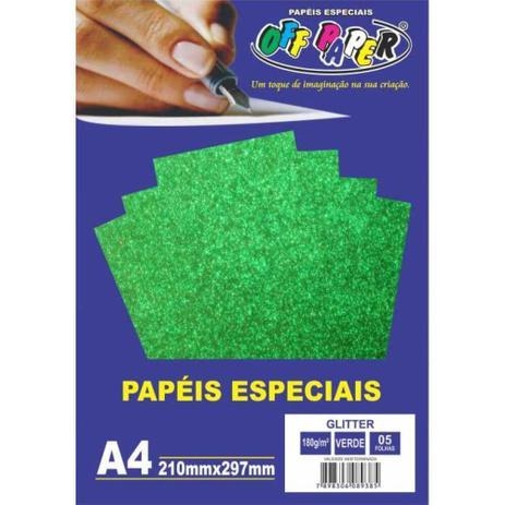 PAPEL GLITTER 180G / A4 / 5FLS - VERDE - OFF PAPER