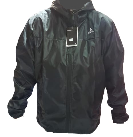 CAMPERA HOMBRE ROMPEVIENTO BASICO C-RECORTES CAPUCHA NEGRO (08028)
