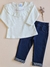 Conjunto duas peças, calça jeans macia e suéter com babado, Charlotte na internet