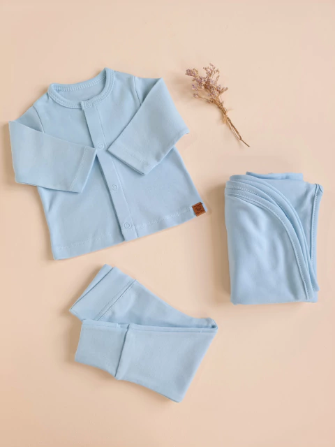 Kit maternidade Confort bebê em algodão, três peças | Azul RN e P - comprar online