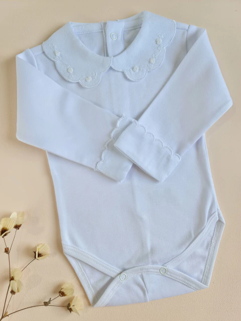 Body bebê, gola bordada, algodão pima | Floral branco - comprar online