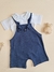 Jardineira para bebê em moletinho jeans, P e M.
