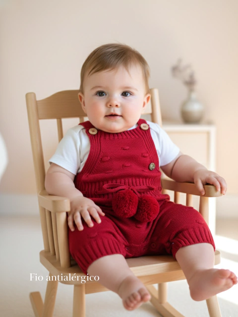 Jardineira bebê em tricô vermelha fio antialérgico | Floquinho - comprar online