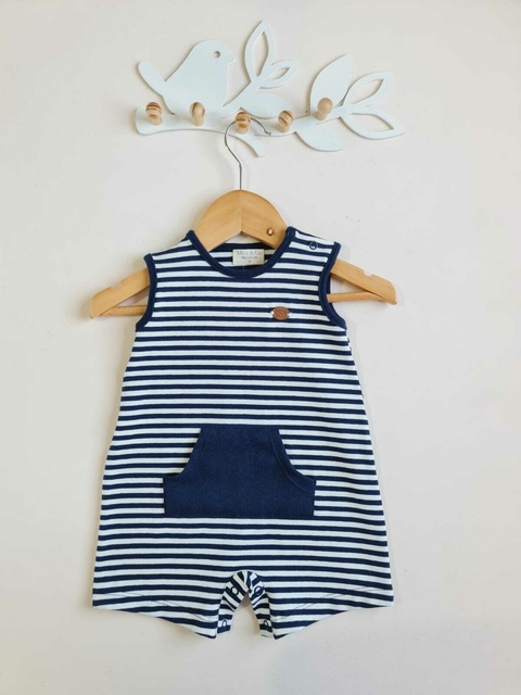 Macacão curto regata para bebê | Listras marinho - comprar online