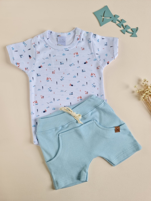 Conjunto bebê, body e short em algodão egípcio | Transportes