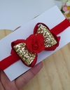 Laço mini amora com lonita flocada dourada e rosa de tecido