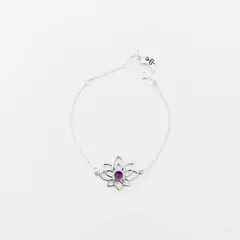 Pulseira em prata Flor de Lótus com Ametista - 16,5cm