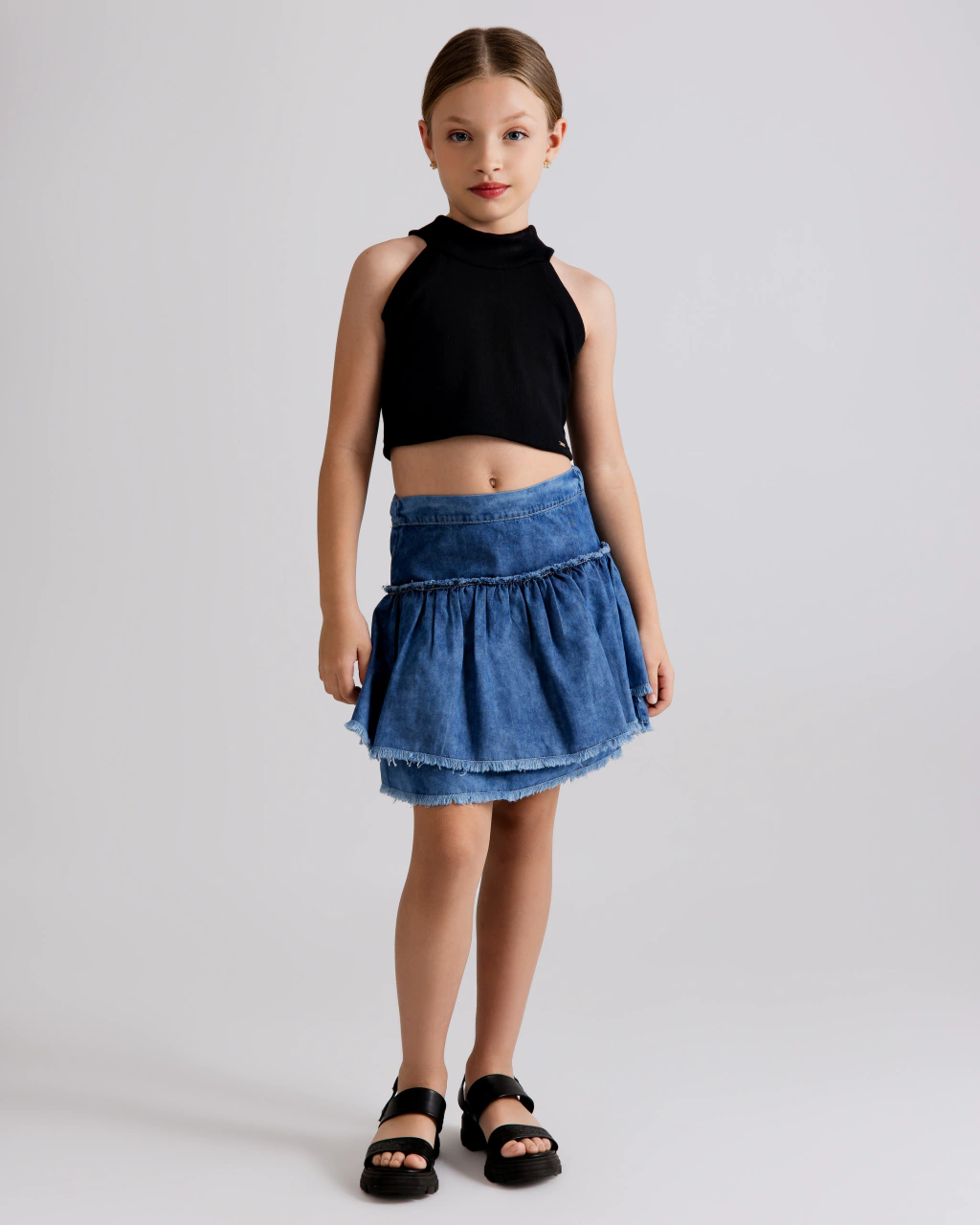 Saia Jeans de Babados Marmorizada
