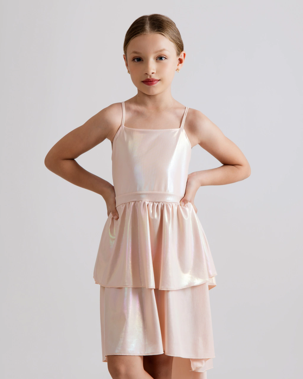 Vestido Evasê com Babados Rosê Holográfico