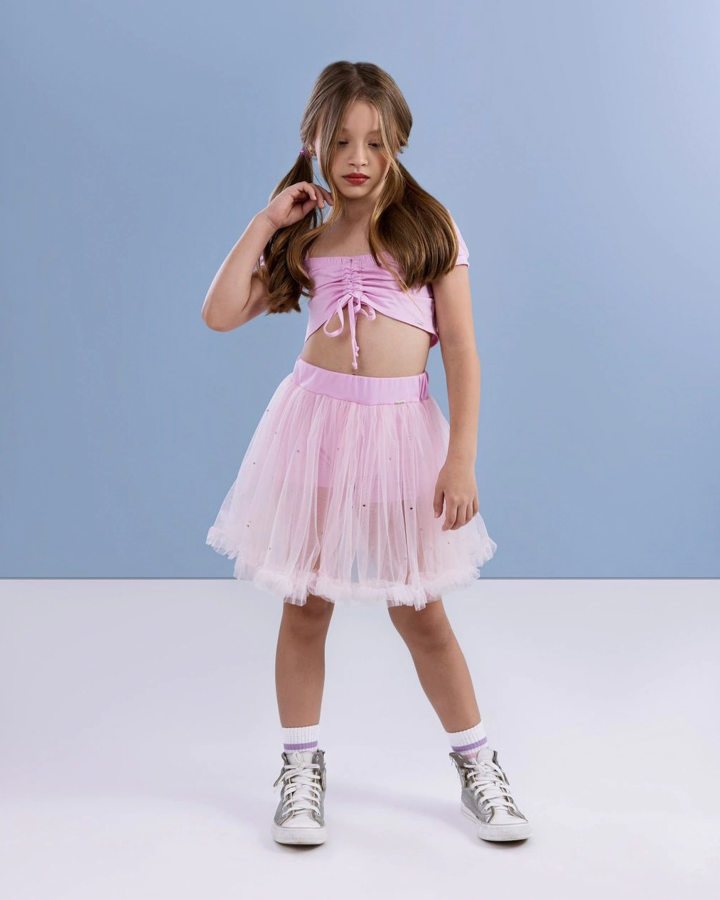 Shorts Saia de Tule Rosa com Cristais