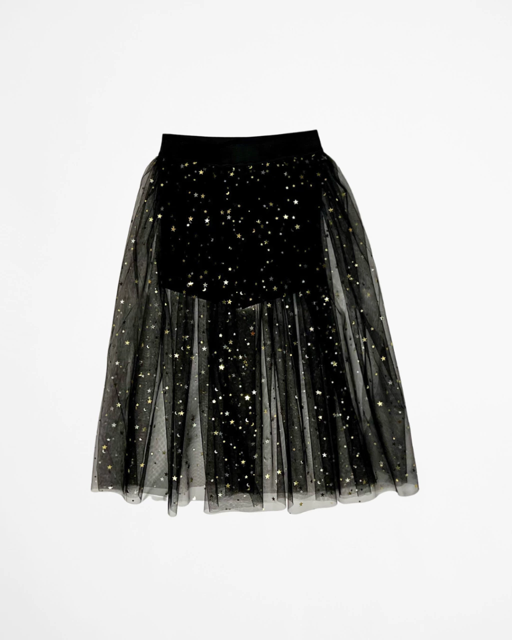 Shorts Saia de Tule Preto com Estrelas Douradas