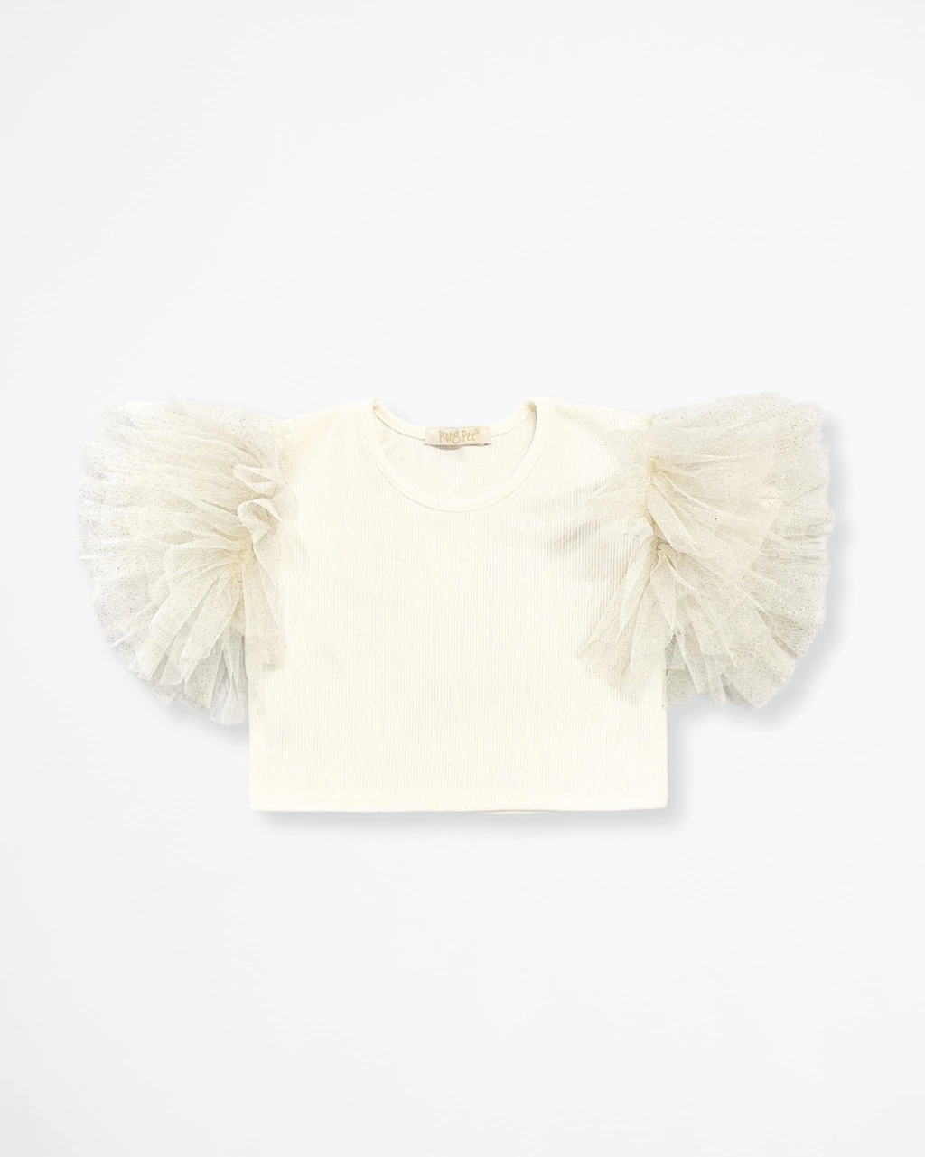 Cropped de Ribana Offwhite com Mangas Volumosas de Tule Shine Gold