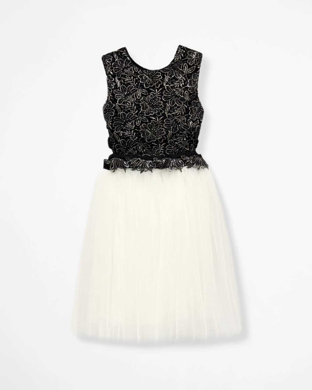 Vestido Off White e Preto com Renda Preta e Dourada