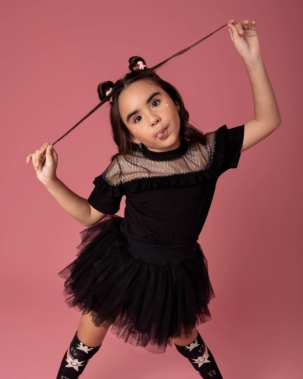 Camiseta de Malha e Tule com Babadinhos