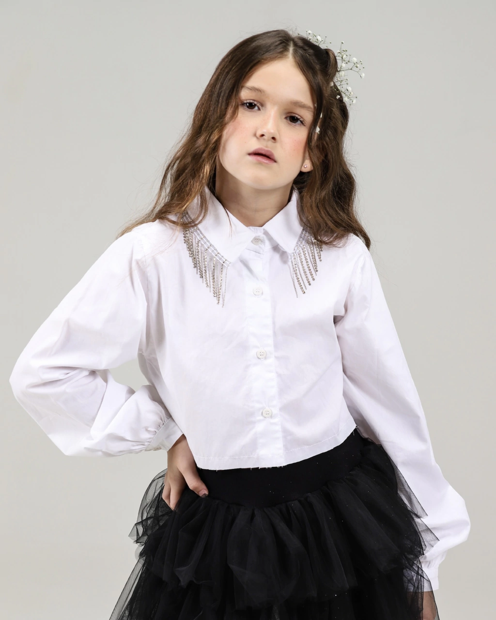 Camisa Cropped com Franja de Strass