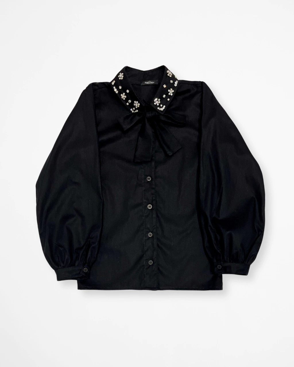 Camisa Preta com Laço na Gola Ravena