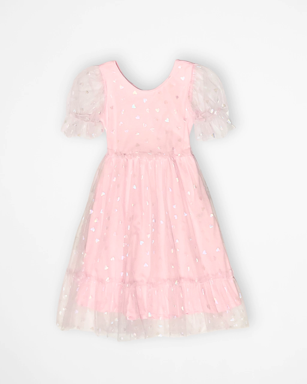 Vestido Rosa Bebê Estampado de Corações Holográfico