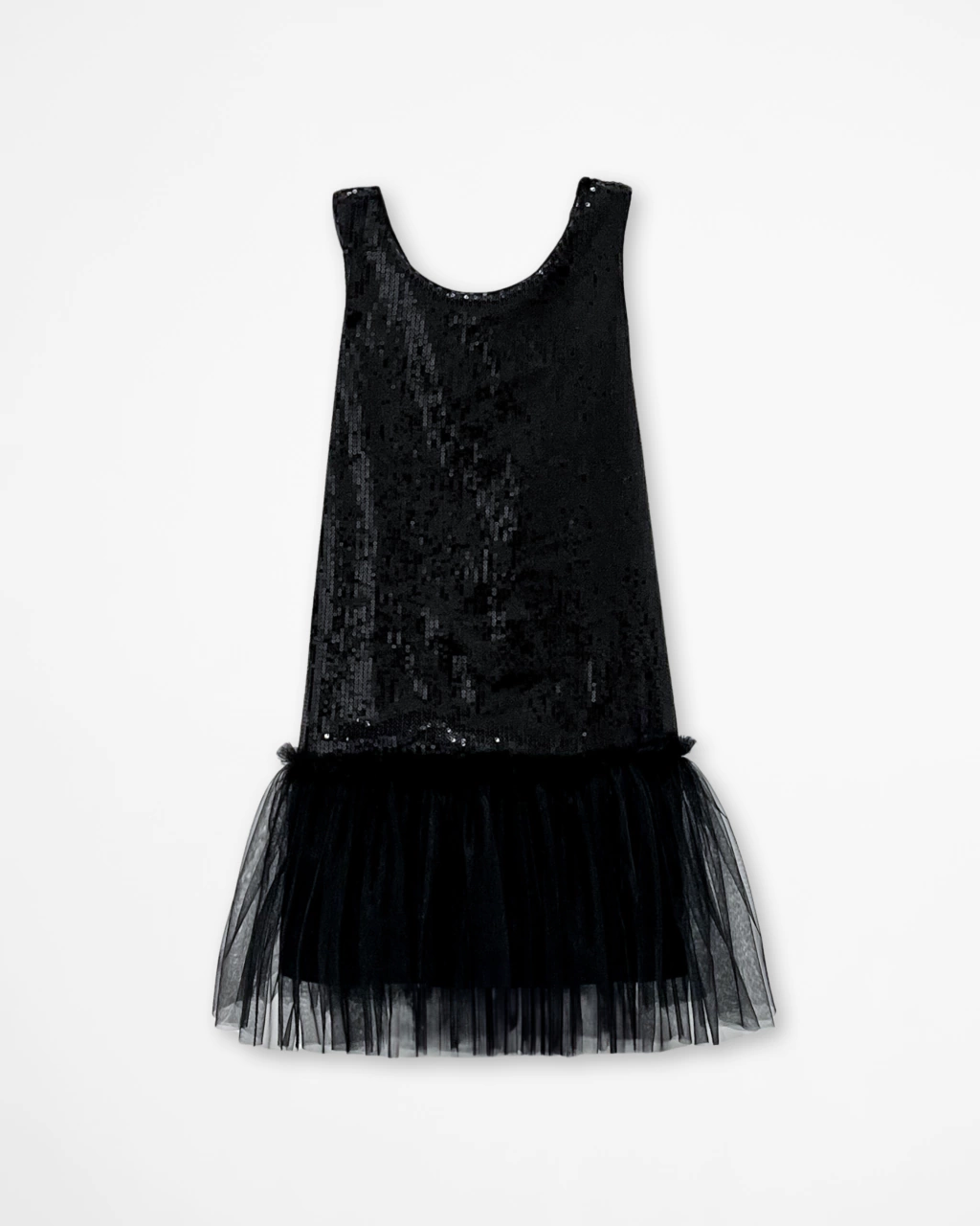 Vestido Evasê de Paetês e Tule Preto