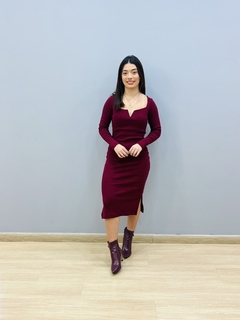 Vestido Malha Ribana Manga Longa com Decote 2788 - loja online