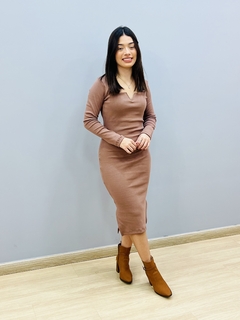 Vestido Malha Ribana Manga Longa com Decote 2788 - Sheyla Bolsas