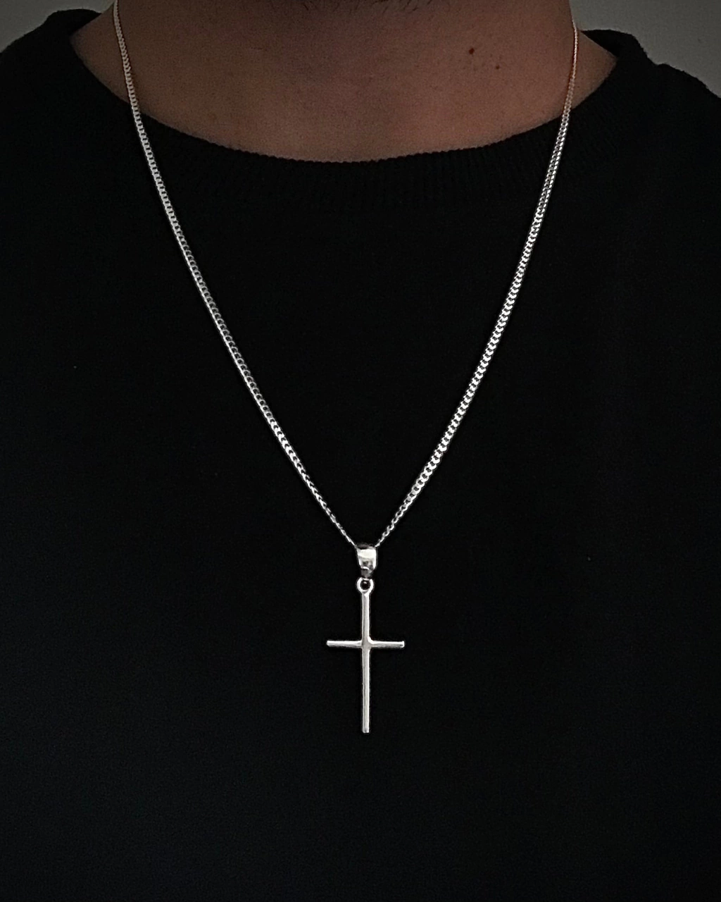 Corrente grume com pingente cruz palito 60cm 2mm