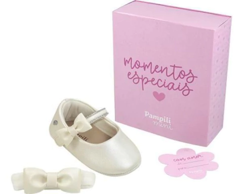 Sapato de Bebê Pampili Nina Momentos Especiais Laço Courinho perolado - Ganhe Faixa de Cabelo