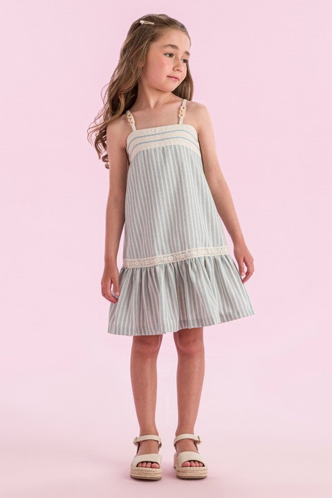 Vestido Petit Cherie Azul Listrado Em Linho