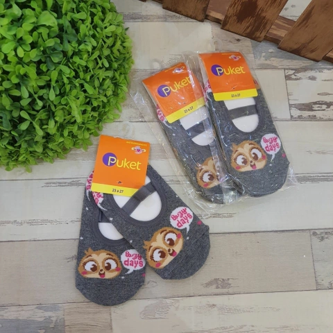 Meia Sapatilha Puket Preguiça Cinza/Rosa