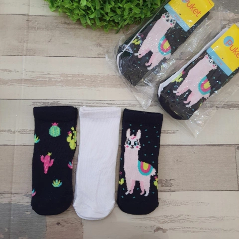 Meia Puket 3 Pares Cano Médio Lhama/Cacto