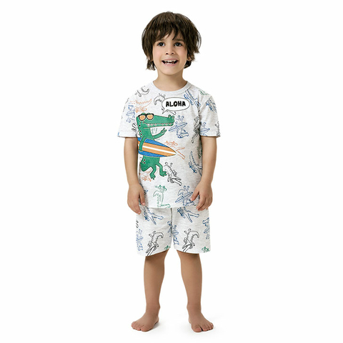 Pijama Kyly Masculino Brilha No Escuro Jacaré no Havai Cor Cinza