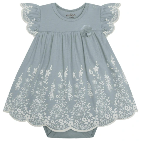 Vestido verde água para bebê com body acoplado, mangas curtas com babados e estampa floral branca na barra
