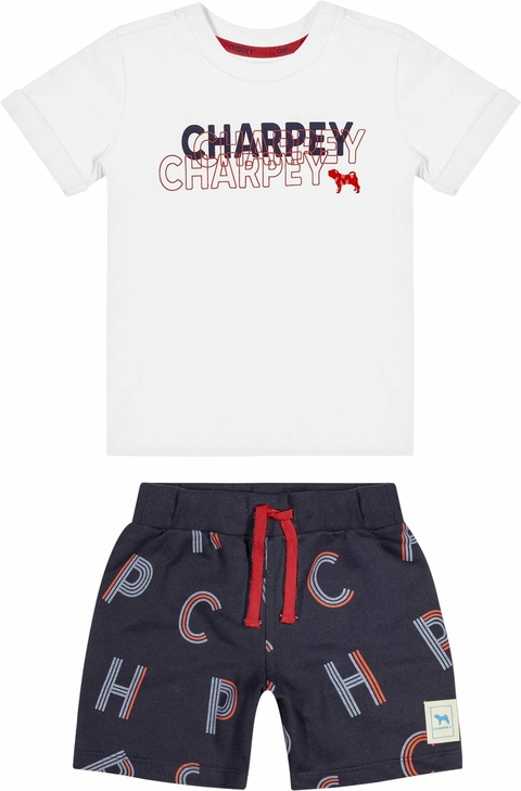 Conjunto Charpey Camiseta e Bermuda Moletinho Branco e Vermelho