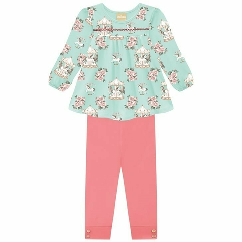Conjunto Milon Feminino Meia Estação Verde água com Rosa
