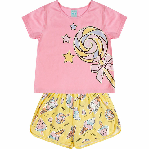 Pijama Kyly Feminino Brilha No Escuro Pirulito Cor Rosa e Amarelo