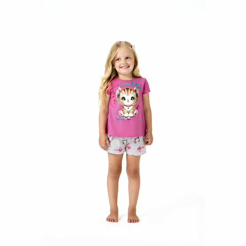 Pijama Kyly Feminino Brilha No Escuro Gatinha Cor Rosa