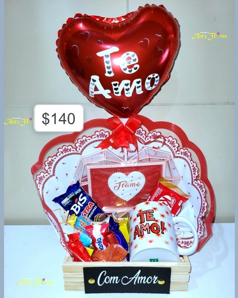 CESTA ROMÂNTICA( 1 CANECA +1 PORTA RETRATO +2 KITKET OU BIS +1 CAIXA DE BOMBOM GAROTO AVULSO DENTRO DA CESTA +1 BALÃO )