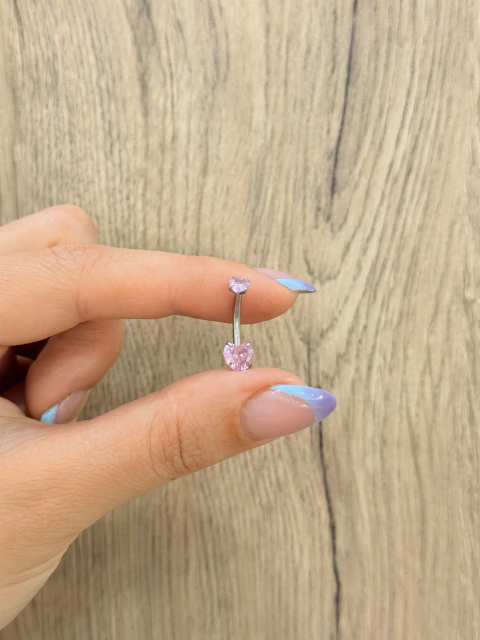 Piercing mini cristal doble corazon rosa para ombligo en acero quirurgico
