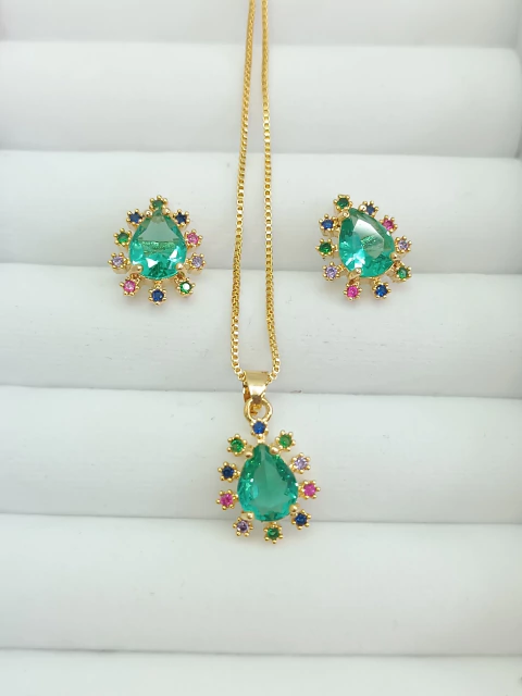 Conjunto folheado a ouro 18k gota e pontos coloridos