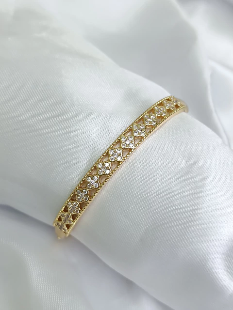 Bracelete folheado a ouro 18k mini flores cristais