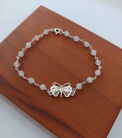 Pulsera mariposa en plata con cuarzos rosados