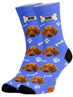 Meia Divertida e Colorida Dog Azul Nome - Personalizada com sua Foto! - Unissex