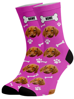 Meia Divertida e Colorida Dog Rosa Nome - Personalizada com sua Foto! - Unissex