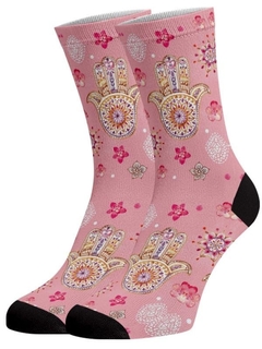 Meia Divertida e Colorida Cano Longo- Mão de Hamsá Rosa