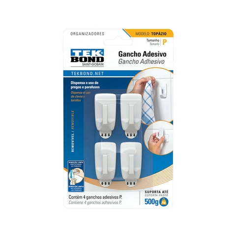 Gancho Adhesivo Chico Topazio Blanco Blister X4 Unidades Tek Bond