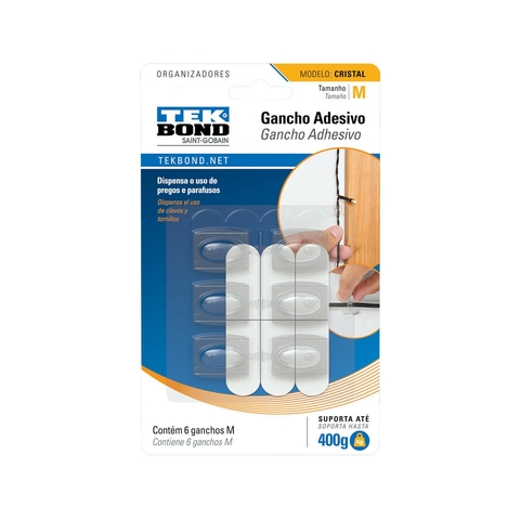 Gancho Adhesivo Mediano Cristal Transparente Blister X6 Unidades Tek Bond